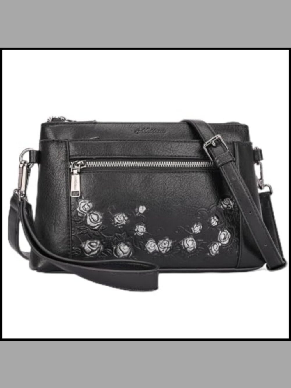 Rose-Embossed Vegan Leather Wristlet Crossbody Clutch Adjustable Strap